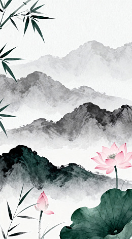 水墨山水画荷花竹叶图