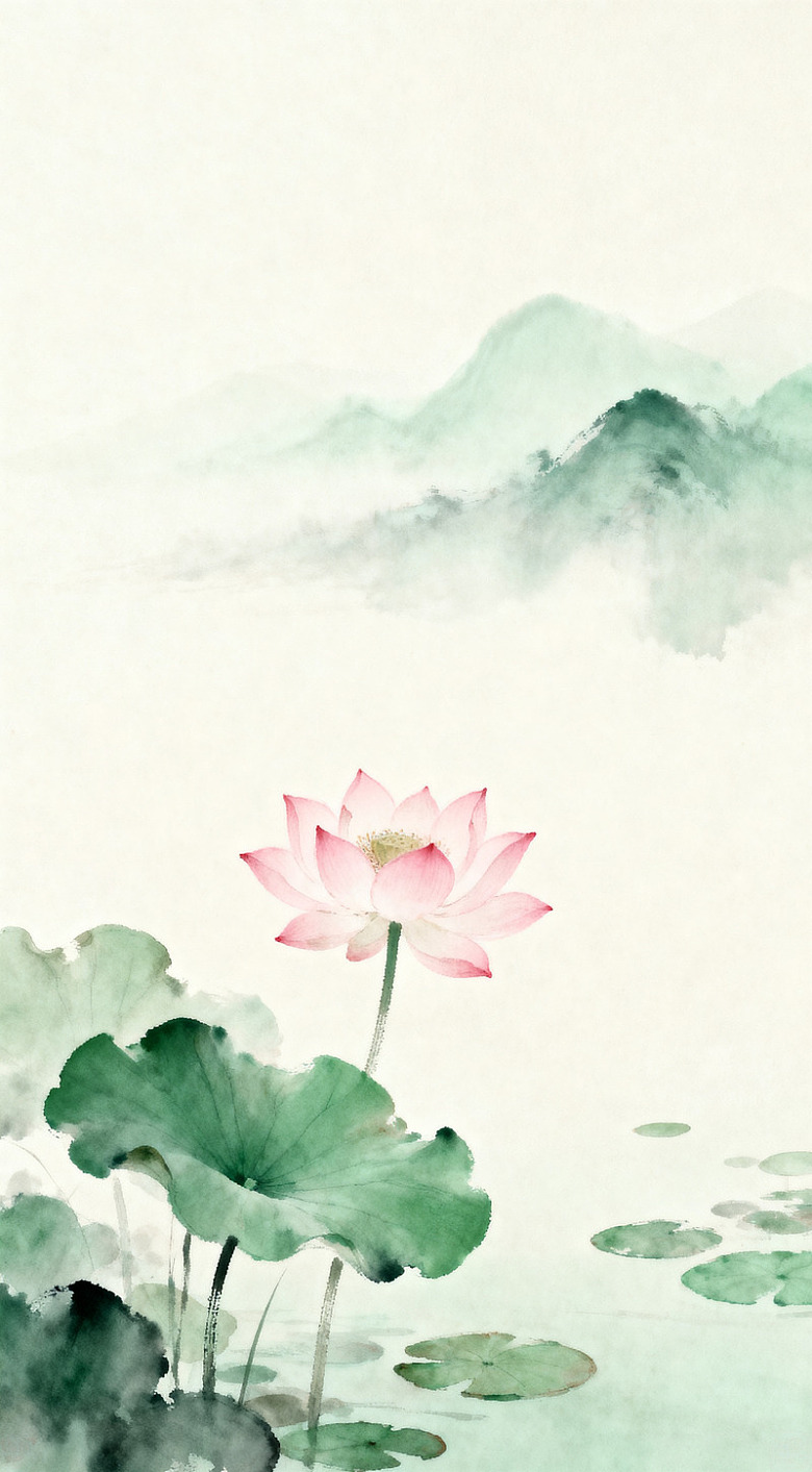 水墨荷花山水画艺术画作
