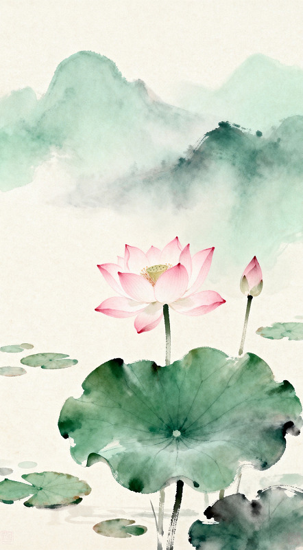 水墨荷花山水画