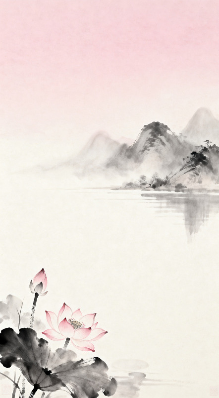 水墨荷花山水画艺术画作