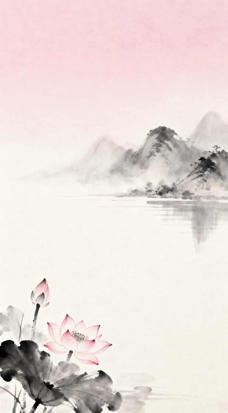 水墨荷花山水画艺术画作
