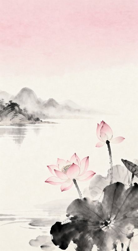 水墨荷花山水画艺术画作
