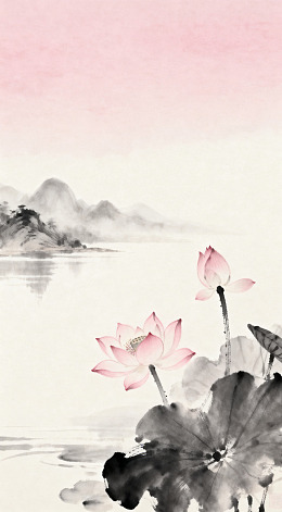 水墨荷花山水画艺术画作
