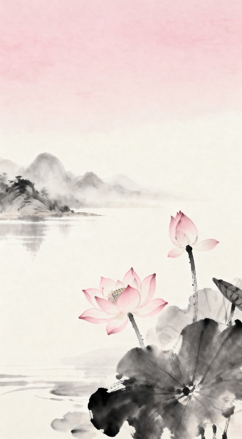 水墨荷花山水画艺术画作