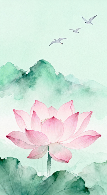 水墨荷花山水画鸟图