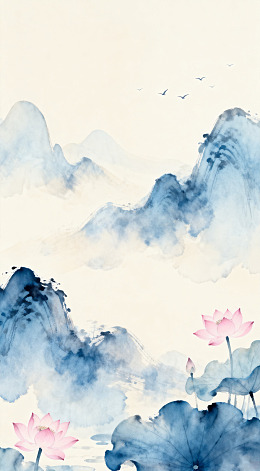 水墨山水画荷花飞鸟艺术画