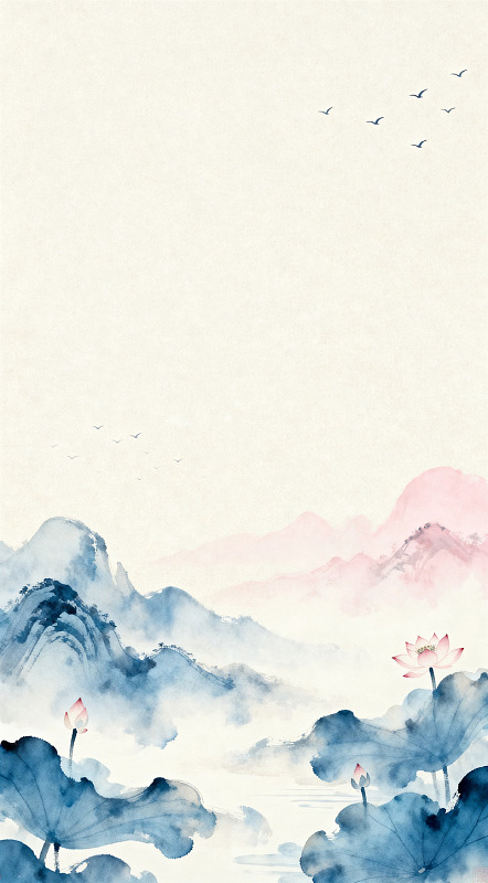 水墨山水画荷花飞鸟设计图