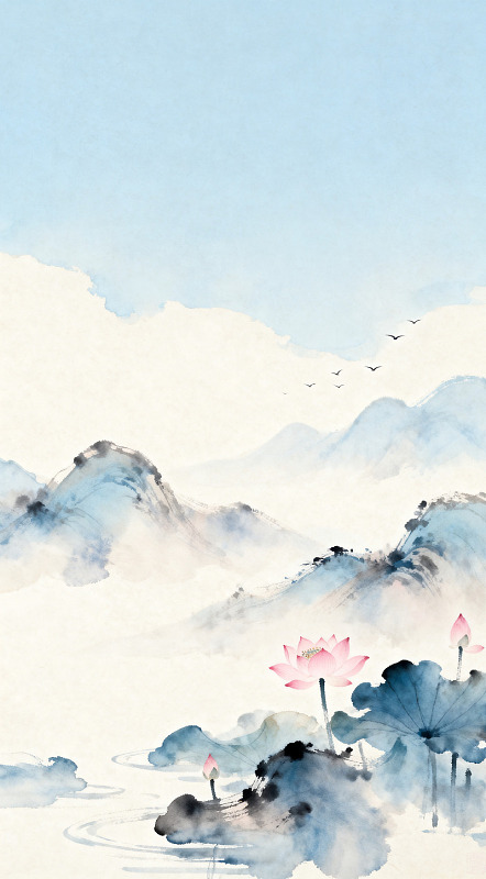 水墨山水荷花风景画