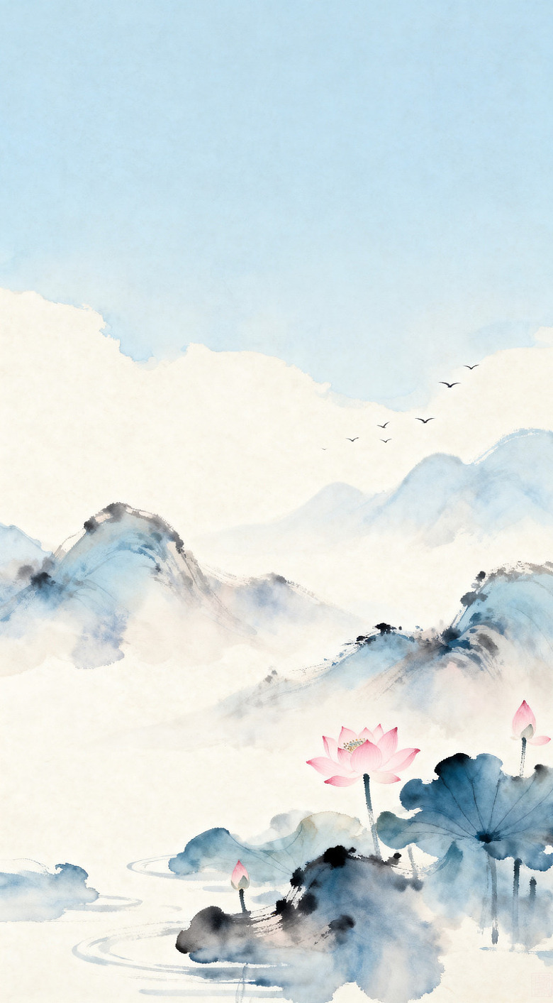 水墨山水荷花风景画