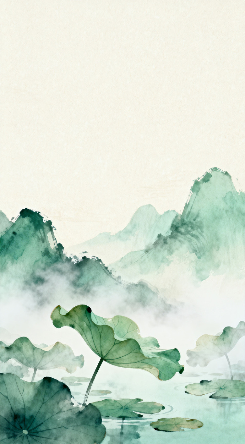 水墨山水荷叶国画背景
