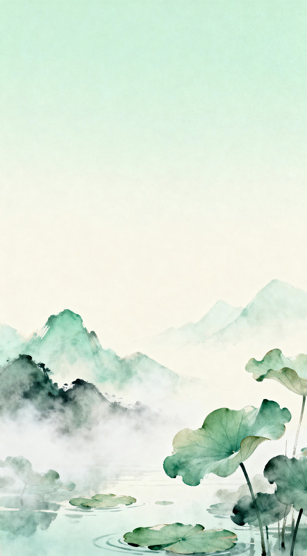 水墨山水荷叶风景画