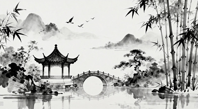 水墨山水亭桥飞鸟图