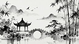 水墨山水亭桥飞鸟图
