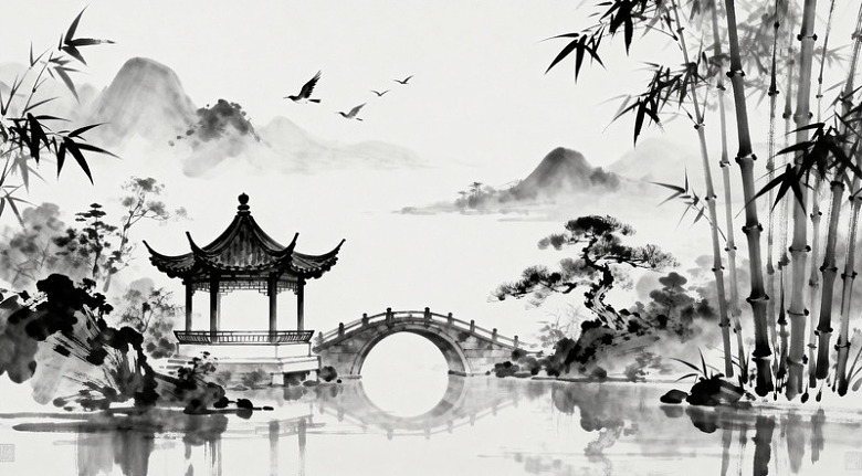 水墨山水亭桥飞鸟图
