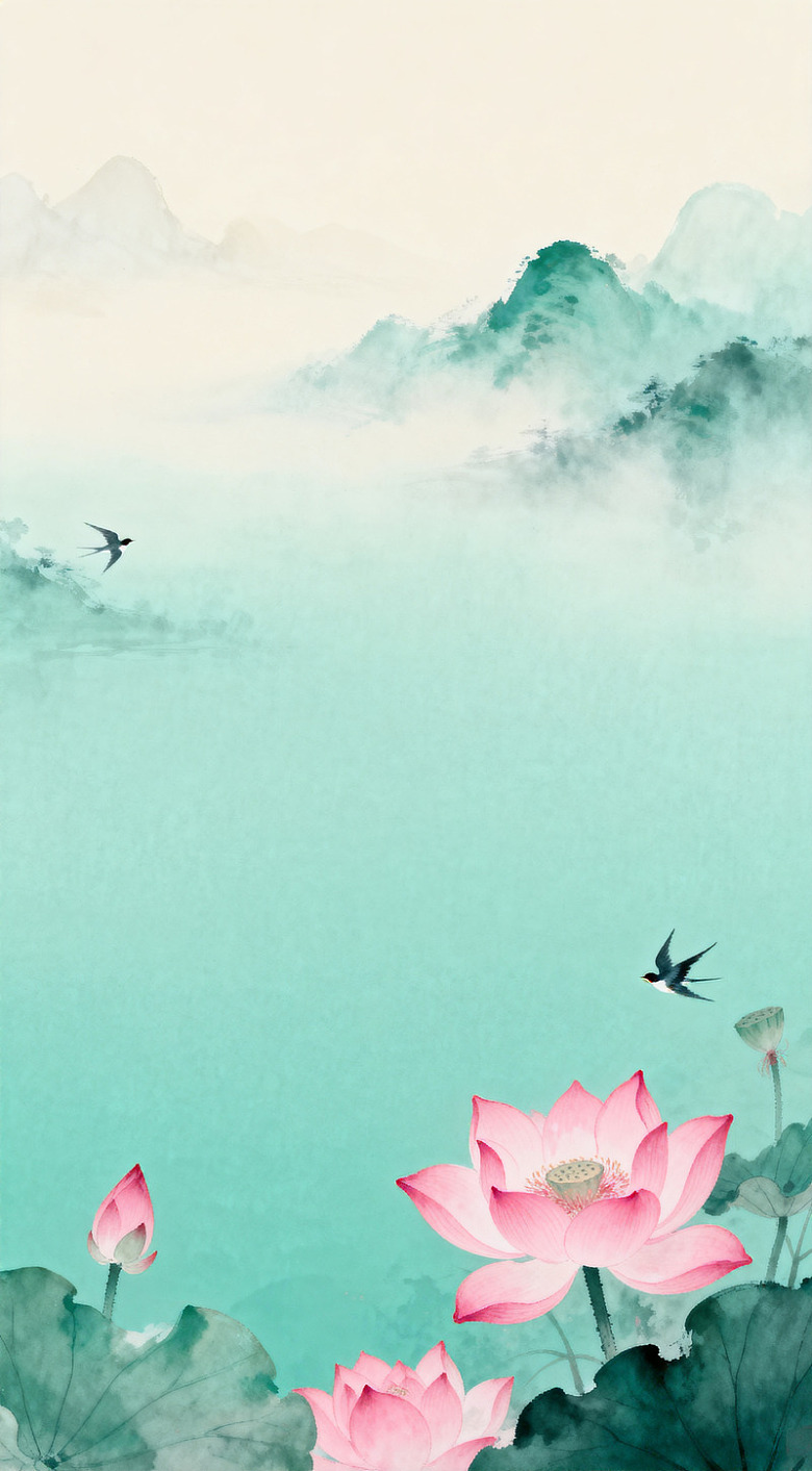 水墨荷花山水画意境图