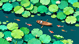 荷叶池塘锦鲤游插画