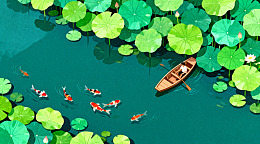 荷塘锦鲤小舟图
