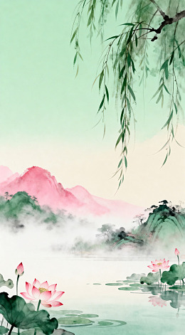 水墨荷花山水风景画