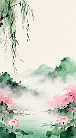 水墨山水画荷花池风景