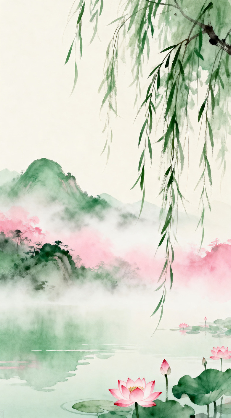 水墨荷花山水意境图