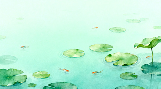 水彩荷叶金鱼图
