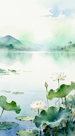 水墨荷花山水风景画