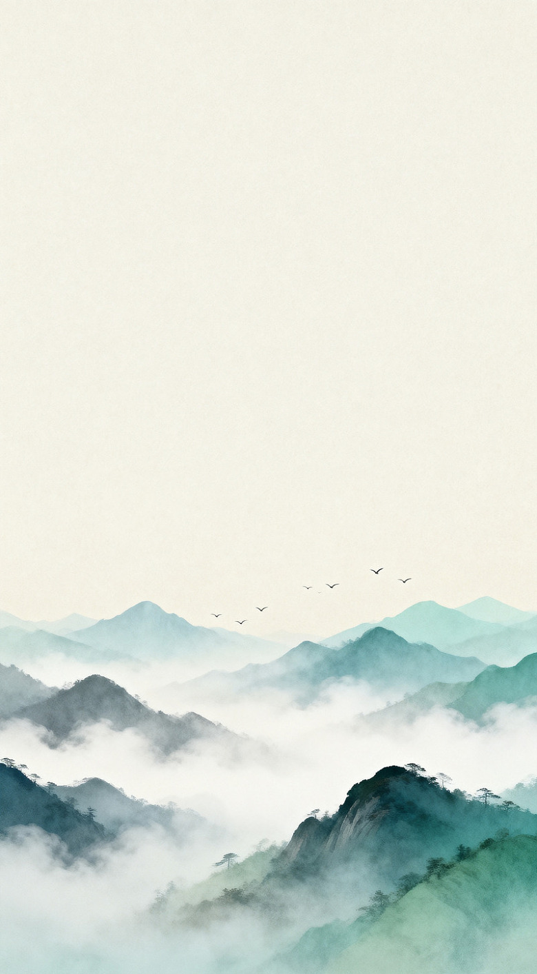 水墨山水画远山飞鸟图