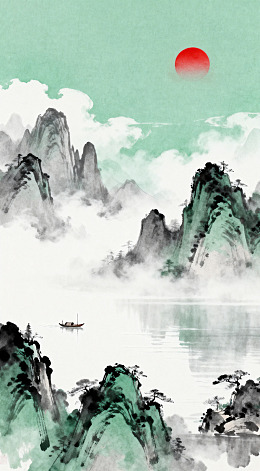 水墨山水画日出湖面风光