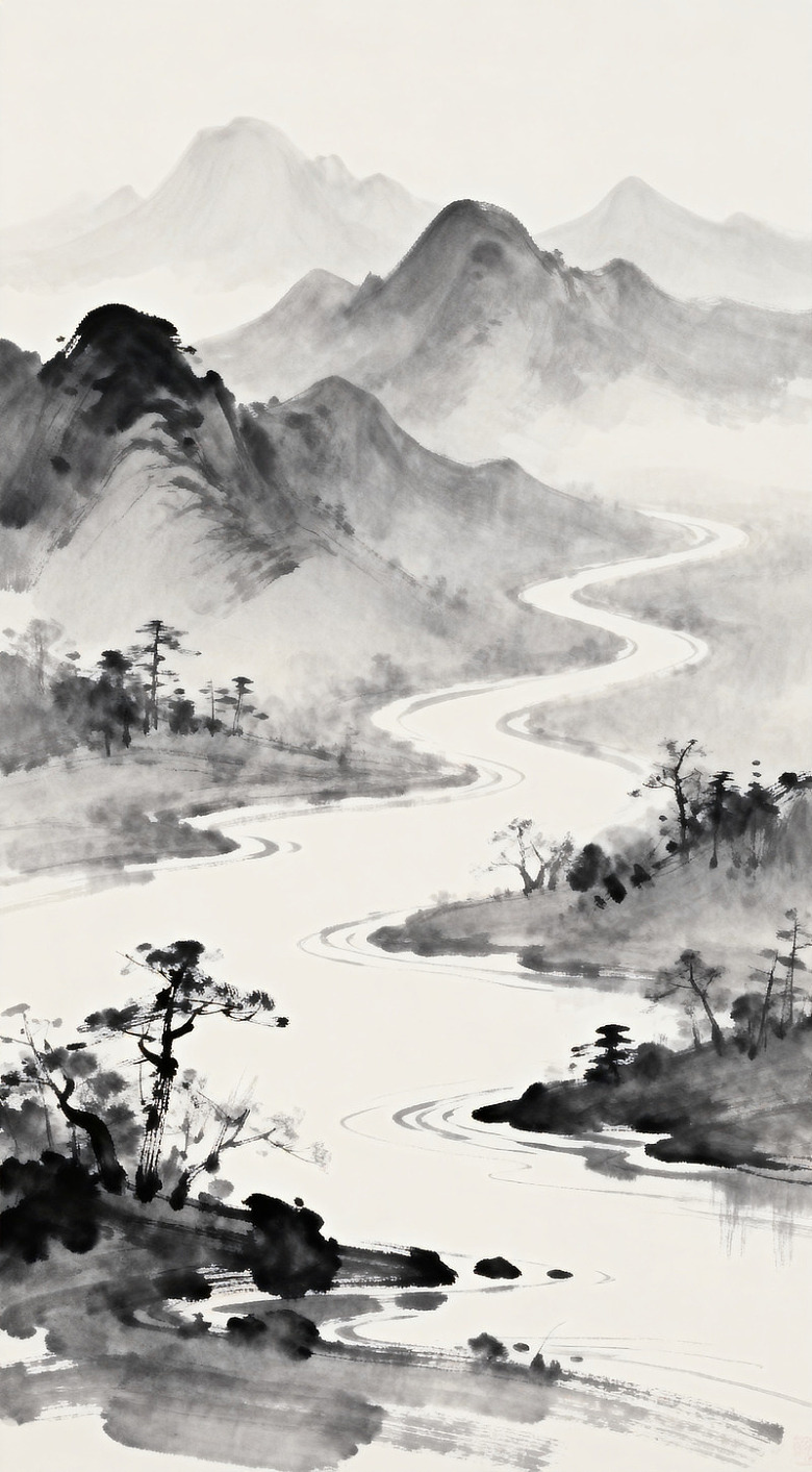 水墨山水画江河蜿蜒图