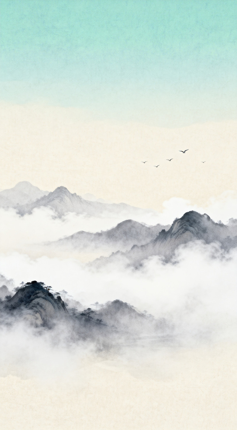 水墨山水画云雾缭绕山峦