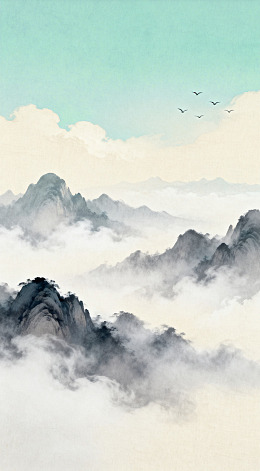 水墨山水画云海飞鸟图