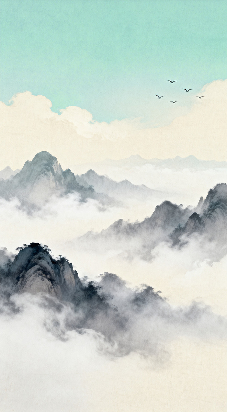 水墨山水画云海飞鸟图