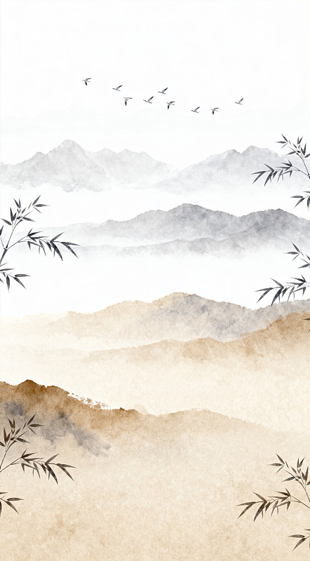 水墨山水画竹鸟风景图