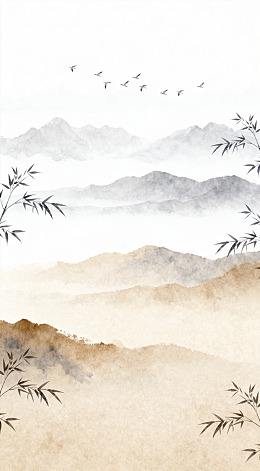 水墨山水画竹鸟风景图