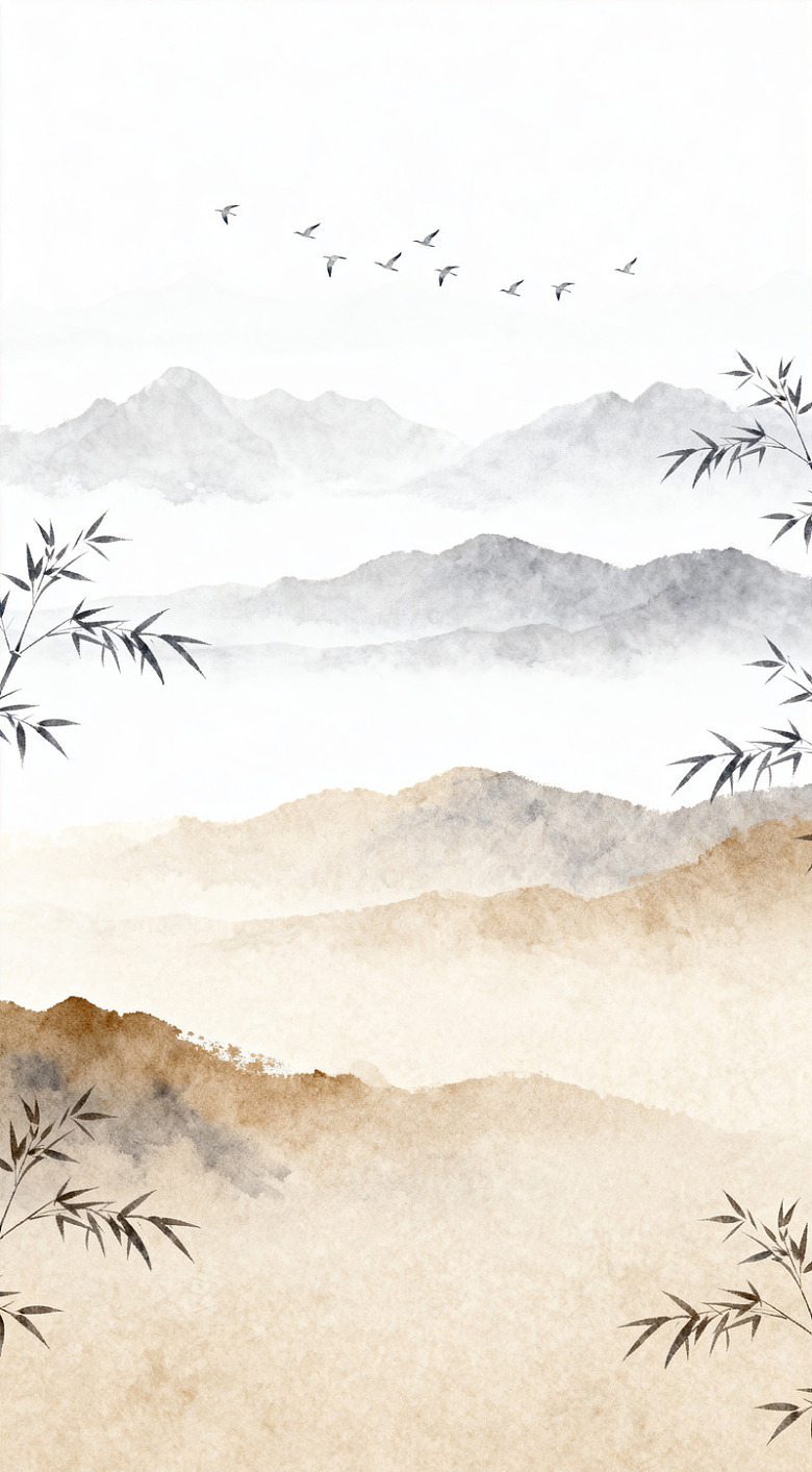 水墨山水画竹鸟风景图