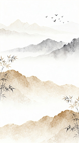 水墨山水竹林飞鸟图