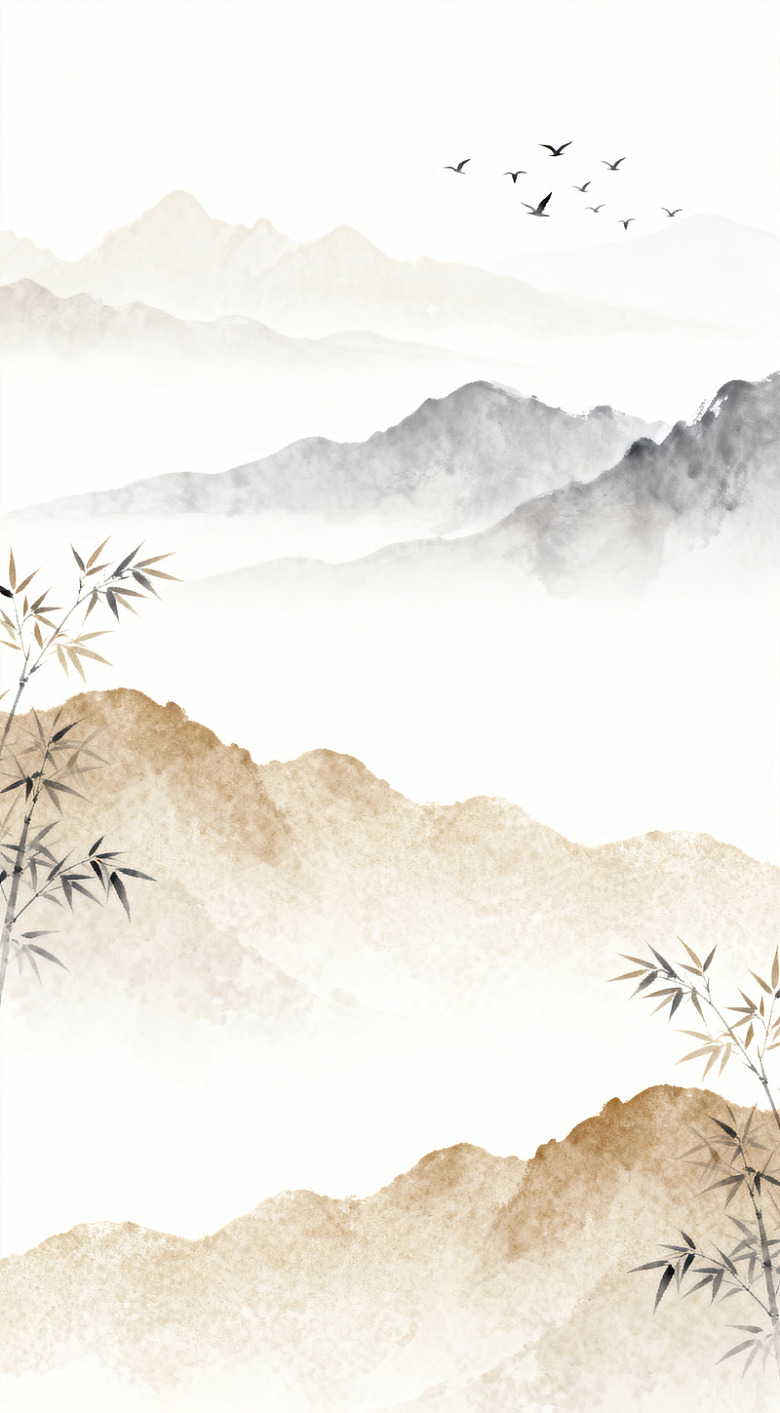 水墨山水竹林飞鸟图