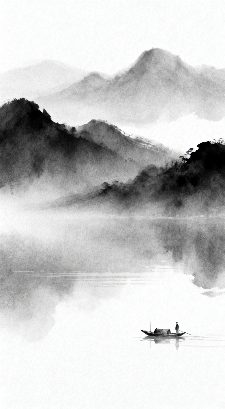 水墨山水小舟意境图