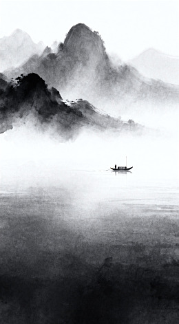 水墨山水独舟图