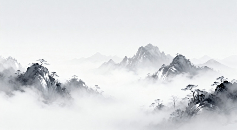 水墨山水画云雾缭绕风光