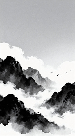 水墨山水画山峦云雾飞鸟