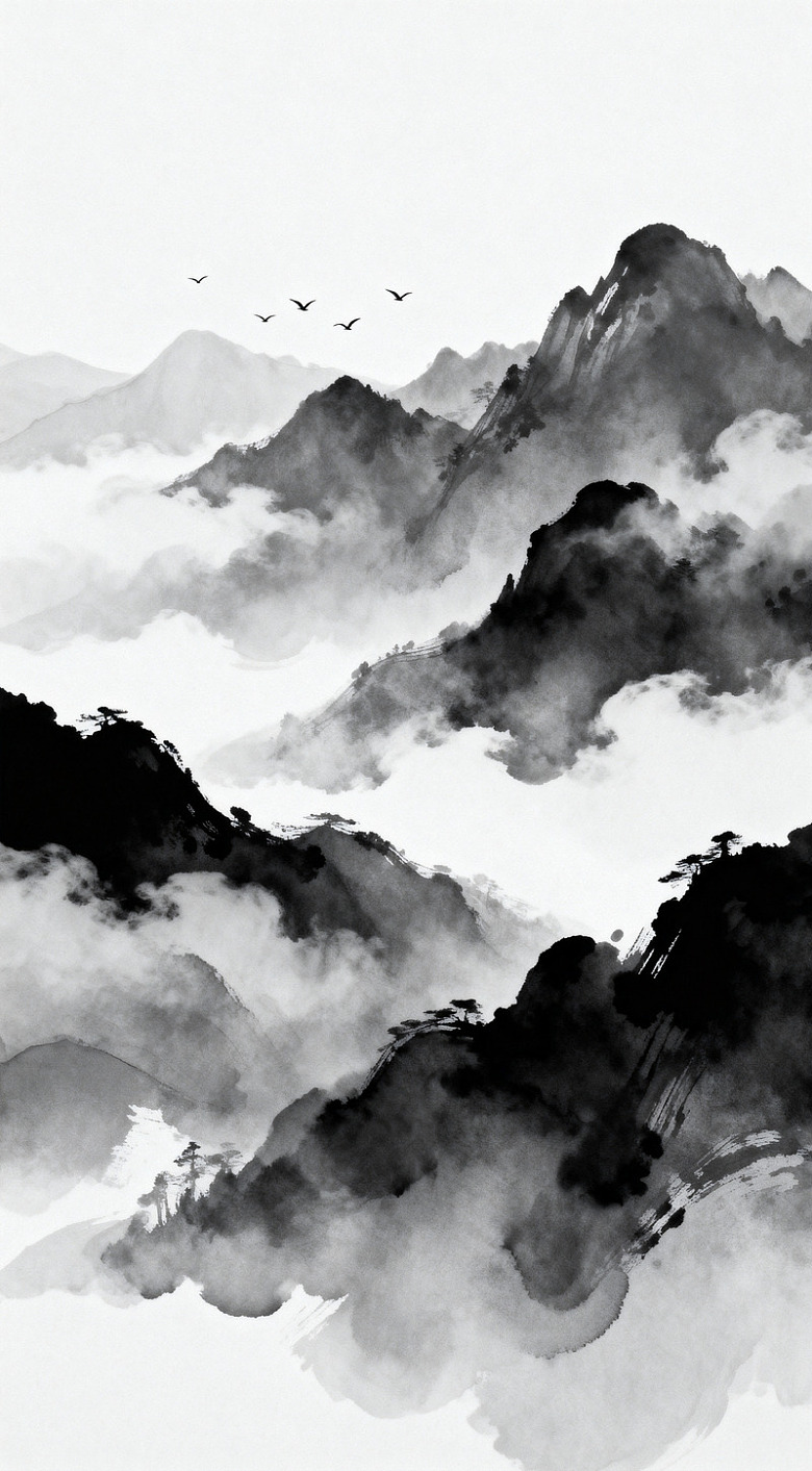 水墨山水画远景山峦飞鸟