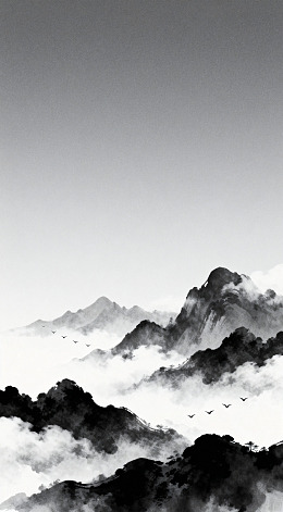 水墨山水画远景山峦飞鸟