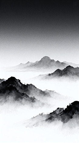水墨山水画云雾缭绕山峦