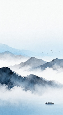 水墨山水画云雾缭绕渔船图
