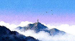 山水画山顶雕像云雾飞鸟