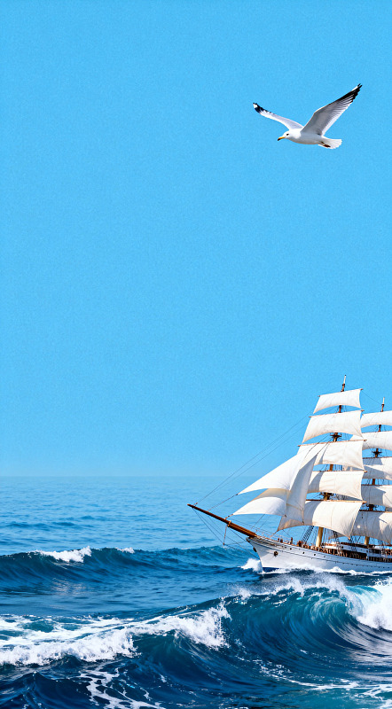 海鸥帆船海洋风景画