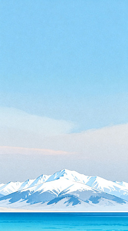 雪山湖泊水彩画