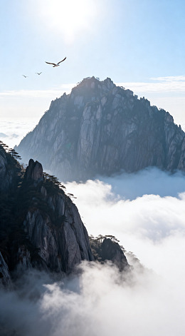 山峰云海飞鸟壮丽
