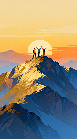 登山者日落山峰插画